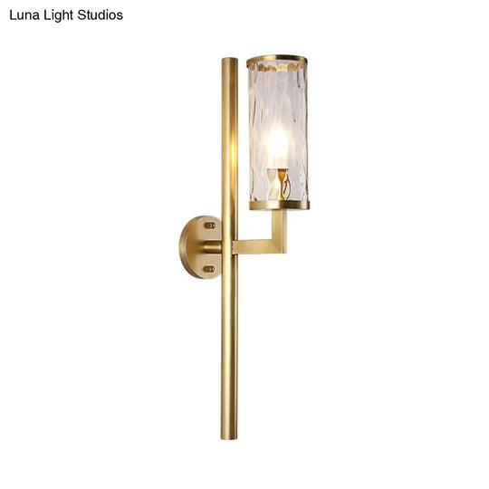 Brass Modernist Cylinder Sconce Light Fixture With Clear Water Glass - Corner Wall Lamp (1 Light)