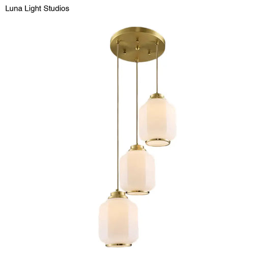 Brass Multi Ceiling Lantern Pendant Lamp With White Glass - 3-Light Traditional Fixture