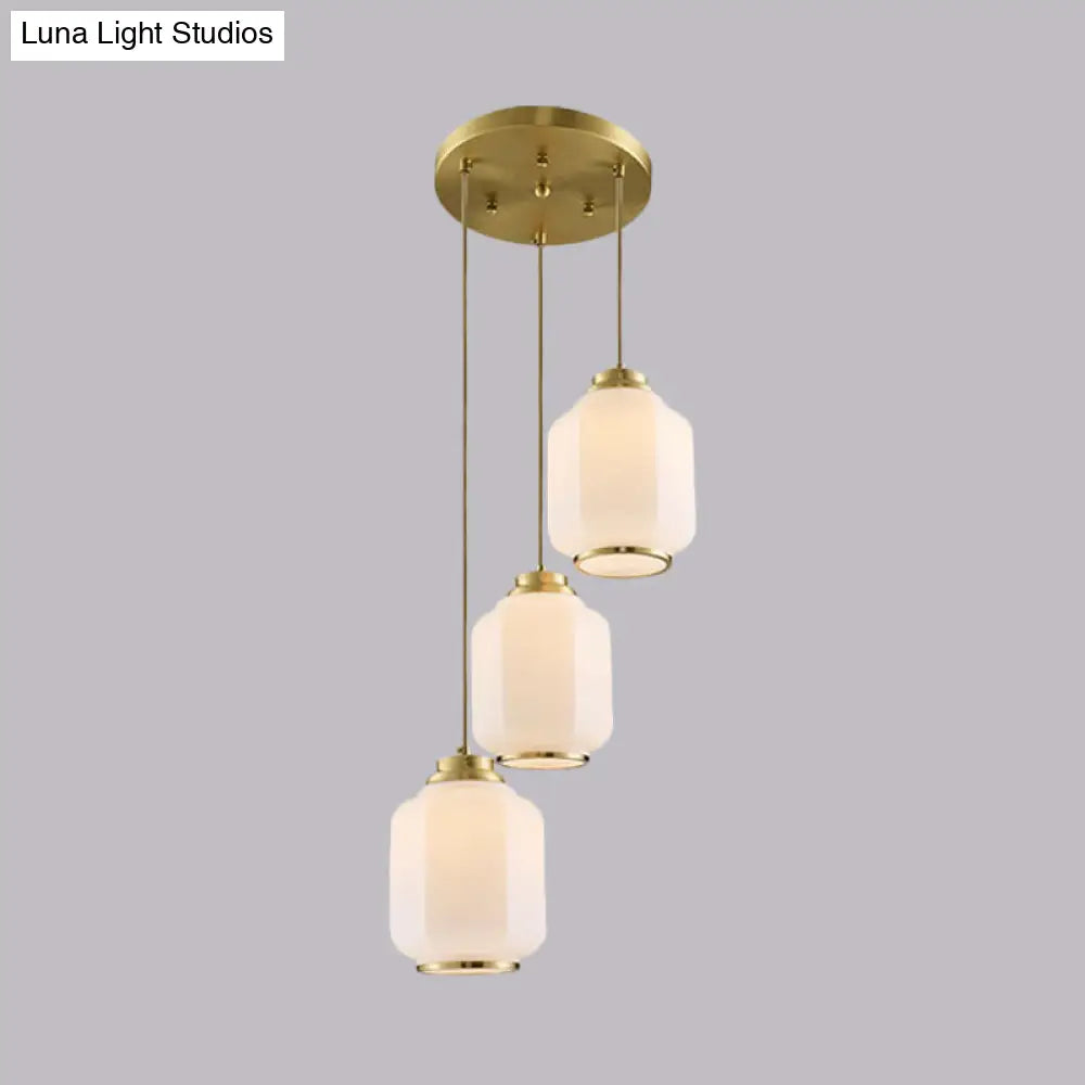 Brass Multi Ceiling Lantern Pendant Lamp With White Glass - 3-Light Traditional Fixture