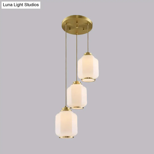 Brass Multi Ceiling Lantern Pendant Lamp With White Glass - 3-Light Traditional Fixture