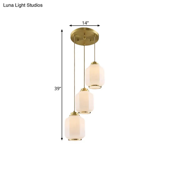 Brass Multi Ceiling Lantern Pendant Lamp With White Glass - 3-Light Traditional Fixture