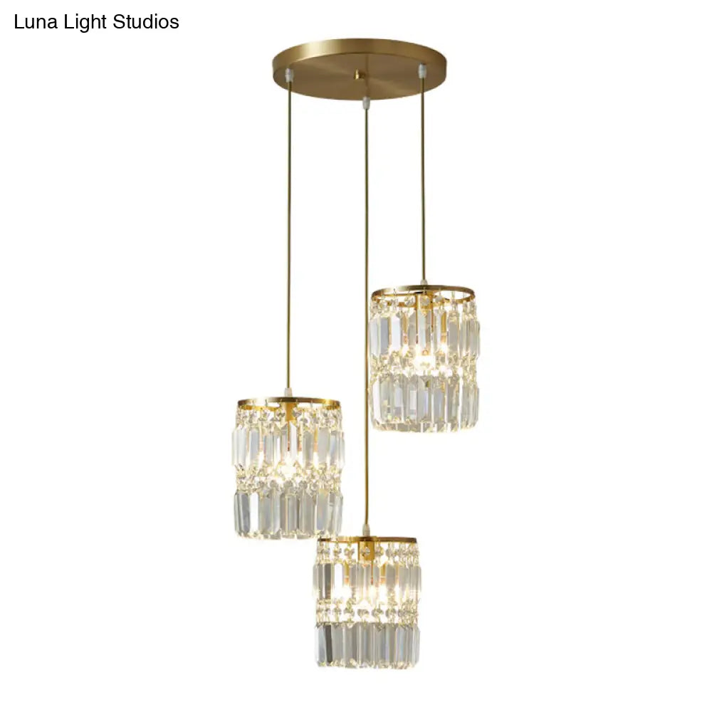 Brass Multi-Light Chandelier With Cylinder Hanging Pendant And Tri-Prism Crystal For Contemporary