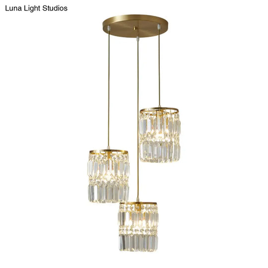 Brass Multi-Light Chandelier With Cylinder Hanging Pendant And Tri-Prism Crystal For Contemporary