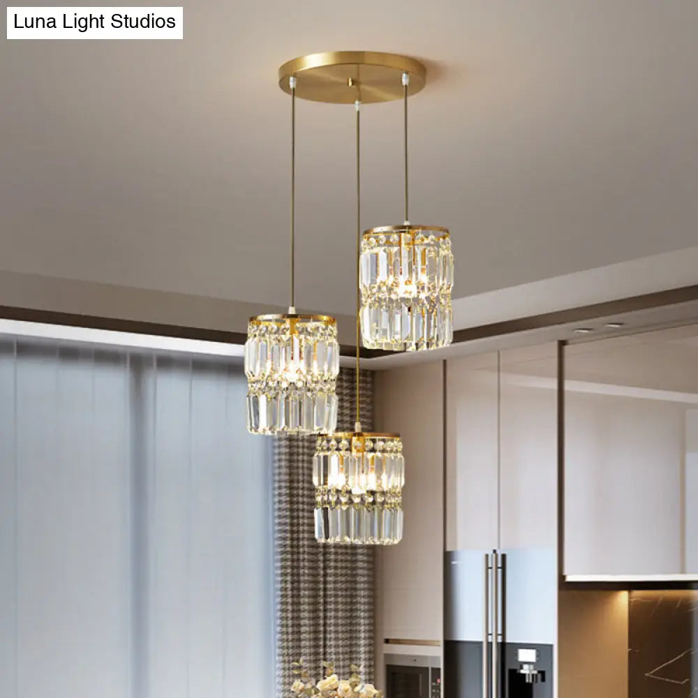 Modern Brass Pendant Chandelier With Tri-Prism Crystals - 3-Light Dining Room Fixture / Round