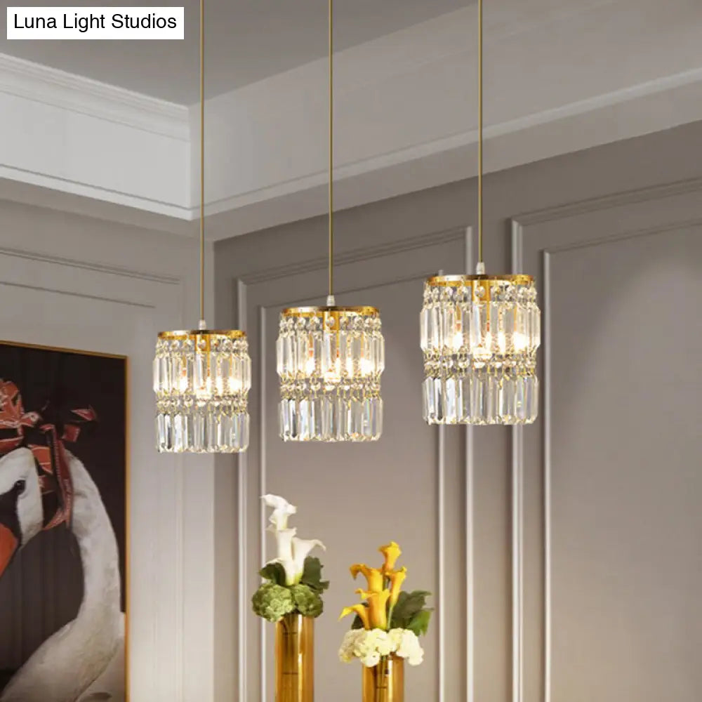 Modern Brass Pendant Chandelier With Tri-Prism Crystals - 3-Light Dining Room Fixture / Linear