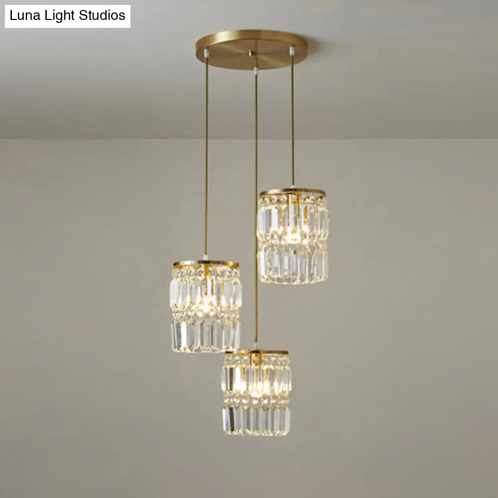 Brass Multi-Light Chandelier With Cylinder Hanging Pendant And Tri-Prism Crystal For Contemporary