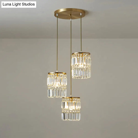 Brass Multi-Light Chandelier With Cylinder Hanging Pendant And Tri-Prism Crystal For Contemporary