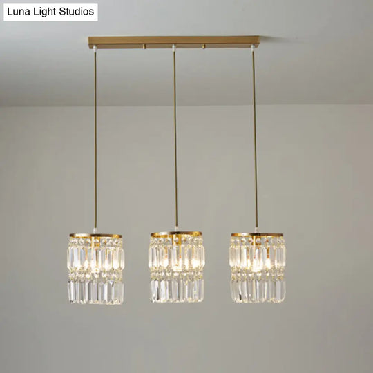 Brass Multi-Light Chandelier With Cylinder Hanging Pendant And Tri-Prism Crystal For Contemporary