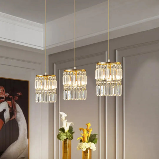 Brass Multi-Light Chandelier With Cylinder Hanging Pendant And Tri-Prism Crystal For Contemporary