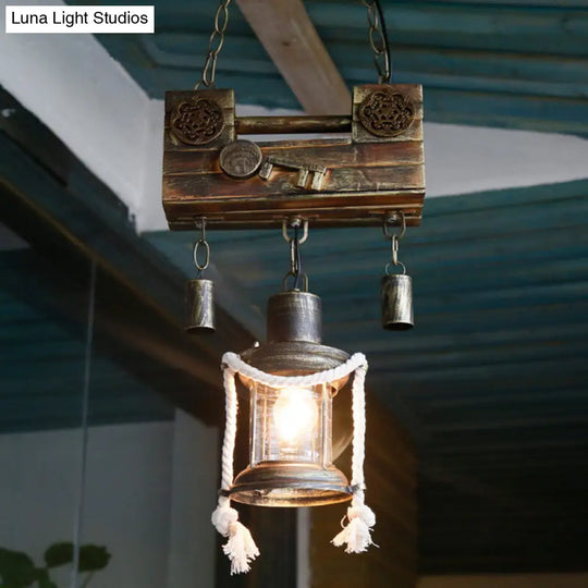 Brass Metal Lantern Pendant Light - Nautical Single Indoor Hanging Fixture With Rope