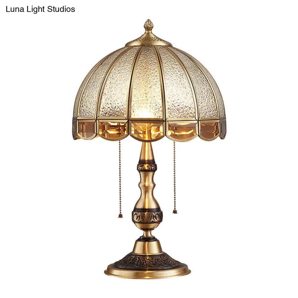 Brass Night Lamp: Traditional Dome Shade Table Light With Pull Chain And Water Glass - 1 Bulb