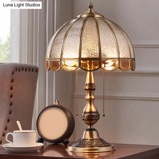 Brass Night Lamp: Traditional Dome Shade Table Light With Pull Chain And Water Glass - 1 Bulb