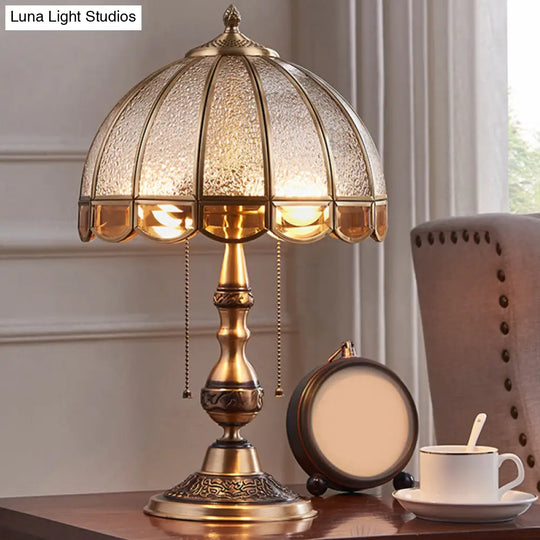 Brass Night Lamp: Traditional Dome Shade Table Light With Pull Chain And Water Glass - 1 Bulb