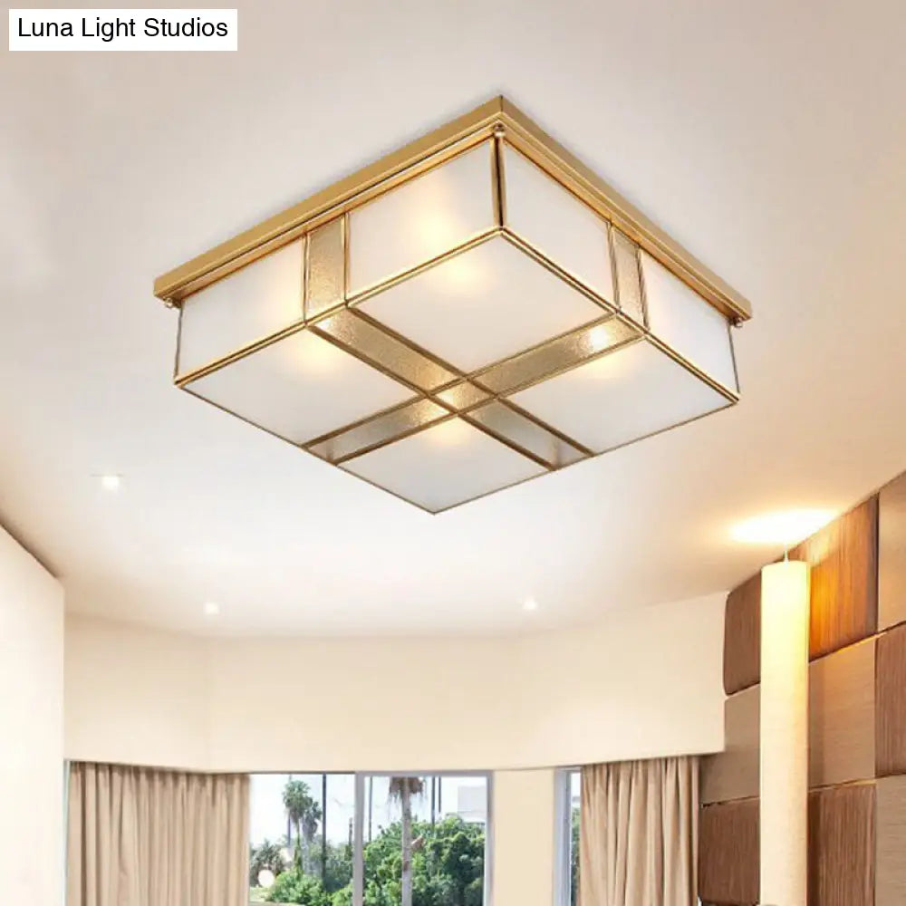 Brass Opal Glass Ceiling Light Fixture - 2-Bulb Cubic Flush Mount Lamp For Bedroom