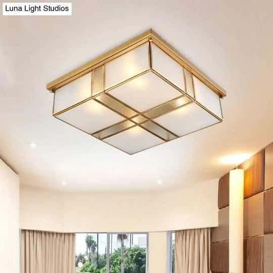 Brass Opal Glass Ceiling Light Fixture - 2-Bulb Cubic Flush Mount Lamp For Bedroom