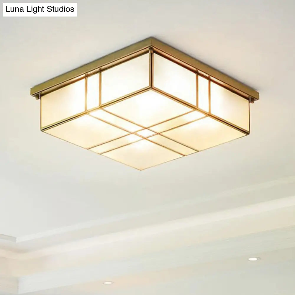 Brass Opal Glass Ceiling Light Fixture - 2 - Bulb Cubic Flush Mount Lamp For Bedroom