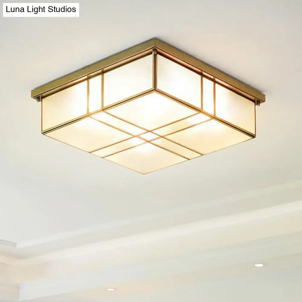 Brass Opal Glass Ceiling Light Fixture - 2-Bulb Cubic Flush Mount Lamp For Bedroom