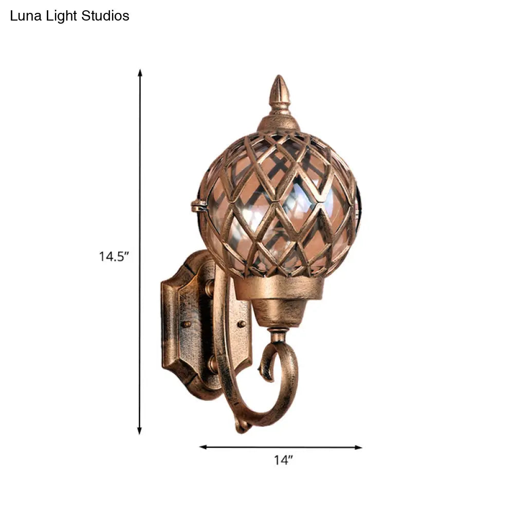 Brass Outdoor Wall Mount Lamp With Clear Glass Globe Cage And 1-Bulb Sconce Lighting