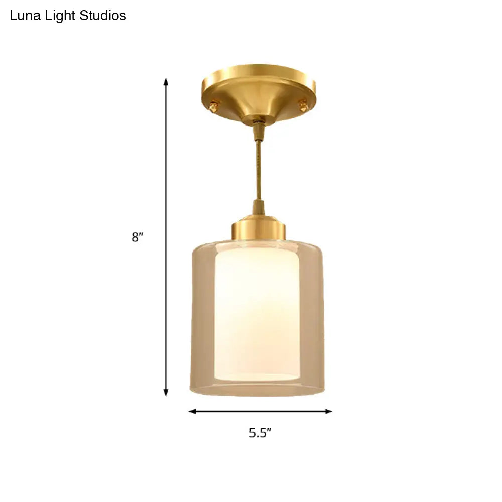 Brass Pendant Light With Double-Layered Glass Cylinder For Dining Room