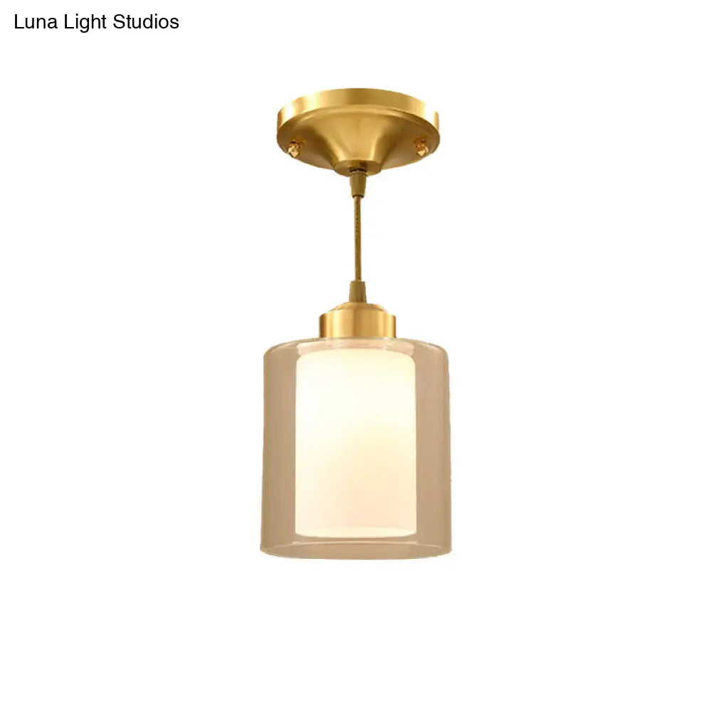 Brass Pendant Light With Double-Layered Glass Cylinder For Dining Room