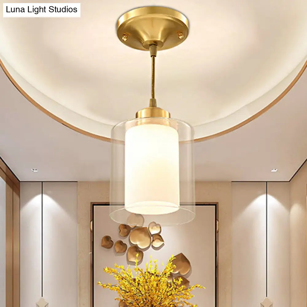 Brass Pendant Light With Double-Layered Glass Cylinder For Dining Room