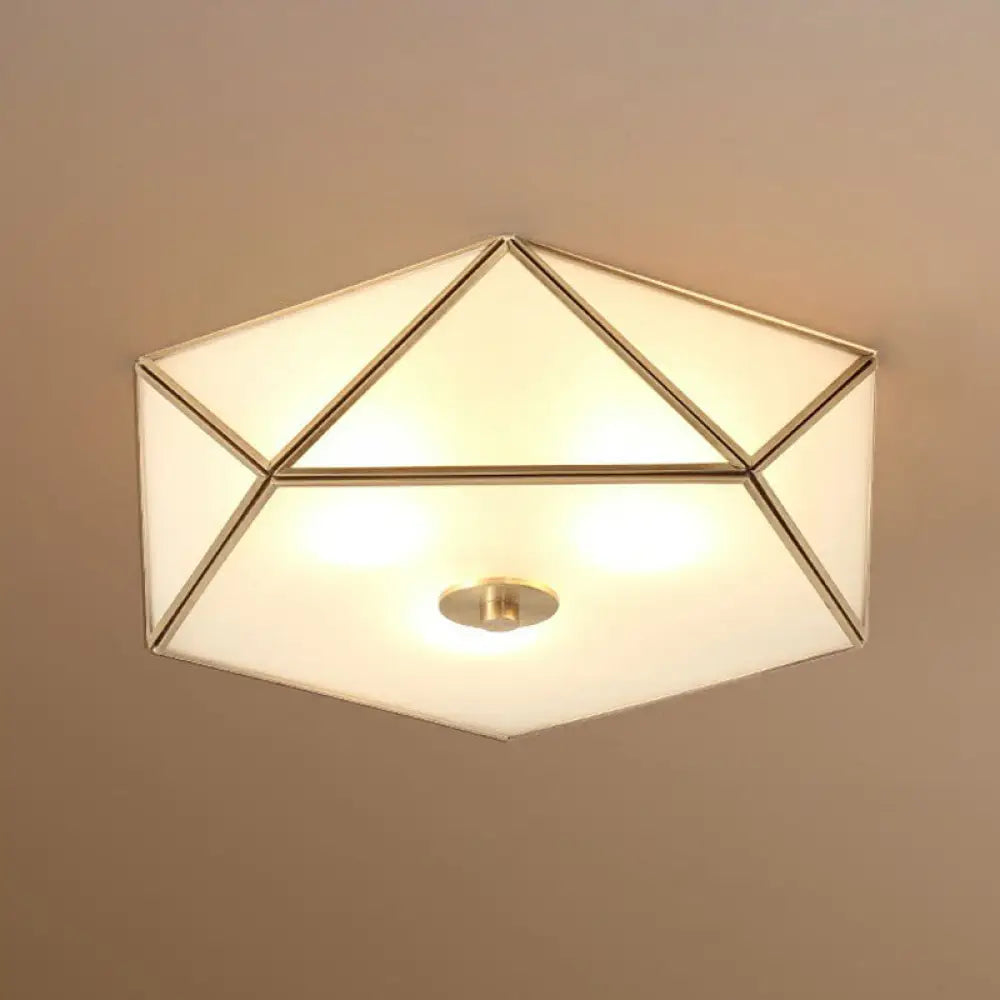 Brass Pentagonal Flushmount Ceiling Lamp: Simplicity Collection - Satin Opal Glass Flush - Mount