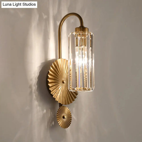 Brass Postmodern Wall Sconce With Prismatic Crystal - Cylindrical Foyer Lighting