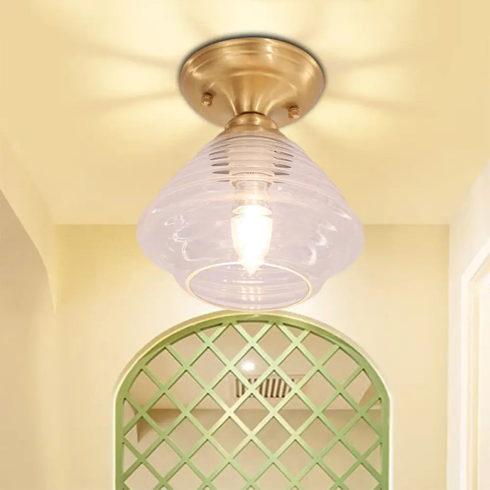 Brass Prismatic Glass Dome/Cone/Barn Flush Mount Light Fixture - Colonial Style 1 Head Porch