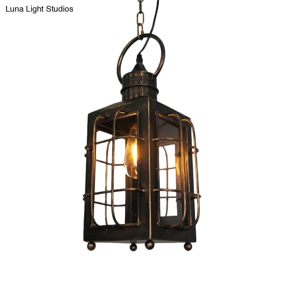 Brass Rectangle Pendant Light - Warehouse Style 1-Light Clear Glass/Iron Hanging Ceiling Wire Frame