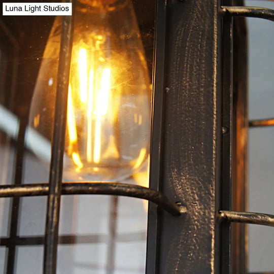 Brass Rectangle Pendant Light - Warehouse Style 1-Light Clear Glass/Iron Hanging Ceiling Wire Frame