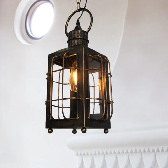 Brass Rectangle Pendant Light - Warehouse Style 1-Light Clear Glass/Iron Hanging Ceiling Wire Frame