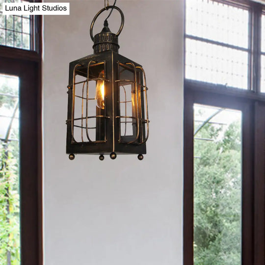Brass Rectangle Pendant Light - Warehouse Style 1-Light Clear Glass/Iron Hanging Ceiling Wire Frame