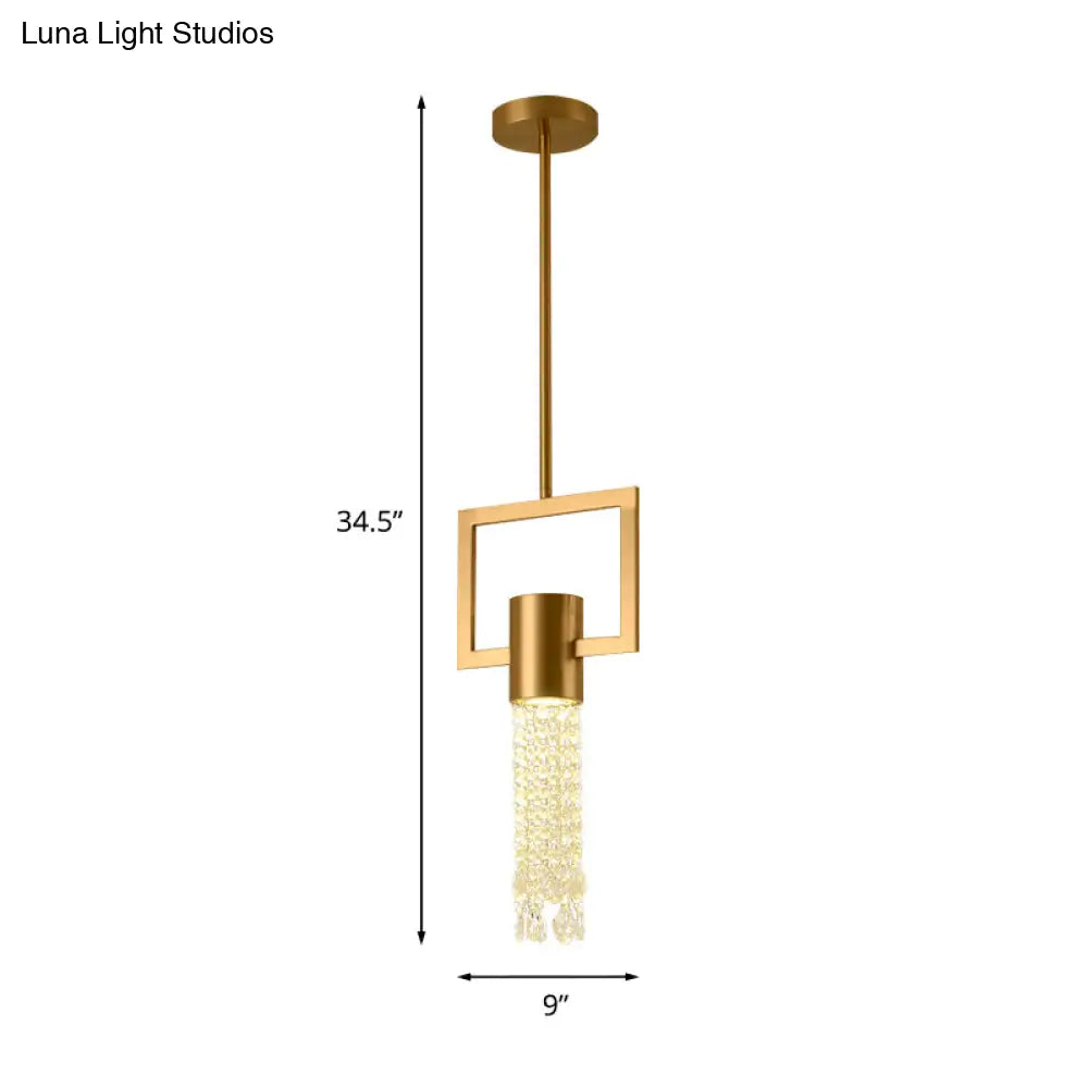 Brass Rectangle Pendant Metal Lamp With Crystal Fringe - 1-Light Bedside Hanging