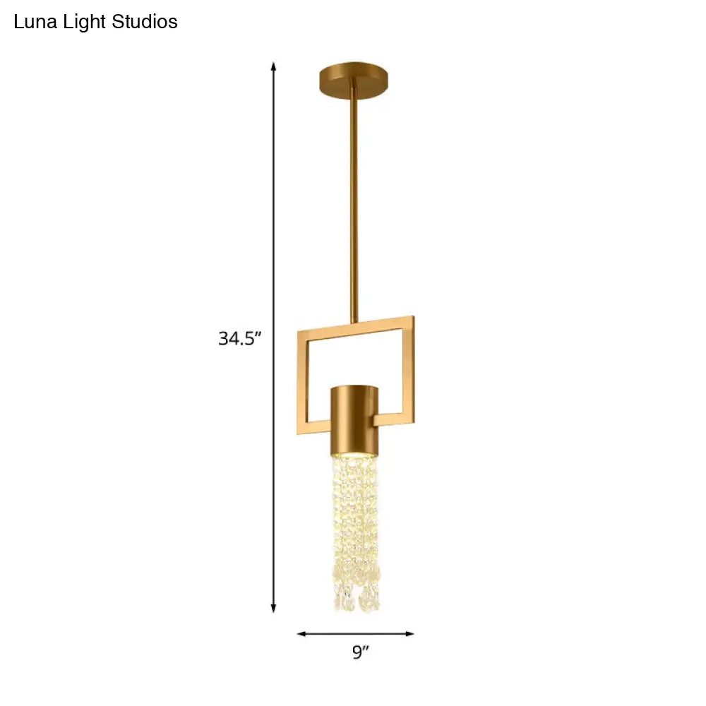 Postmodern Metal Bedside Hanging Lamp With Crystal Fringe - Brass Rectangle Pendant 1-Light