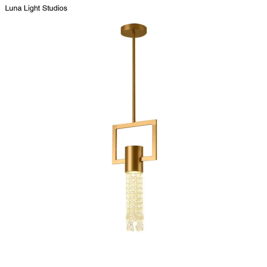 Brass Rectangle Pendant Metal Lamp With Crystal Fringe - 1-Light Bedside Hanging