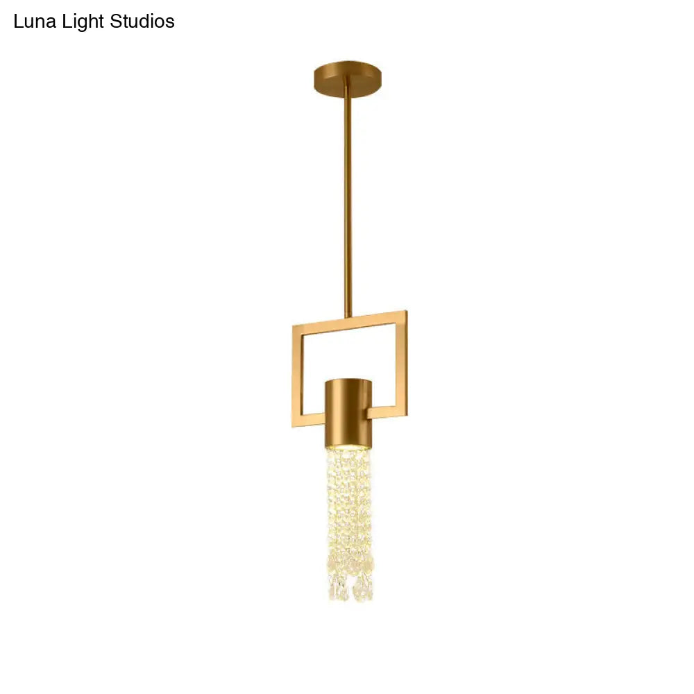 Postmodern Metal Bedside Hanging Lamp With Crystal Fringe - Brass Rectangle Pendant 1-Light