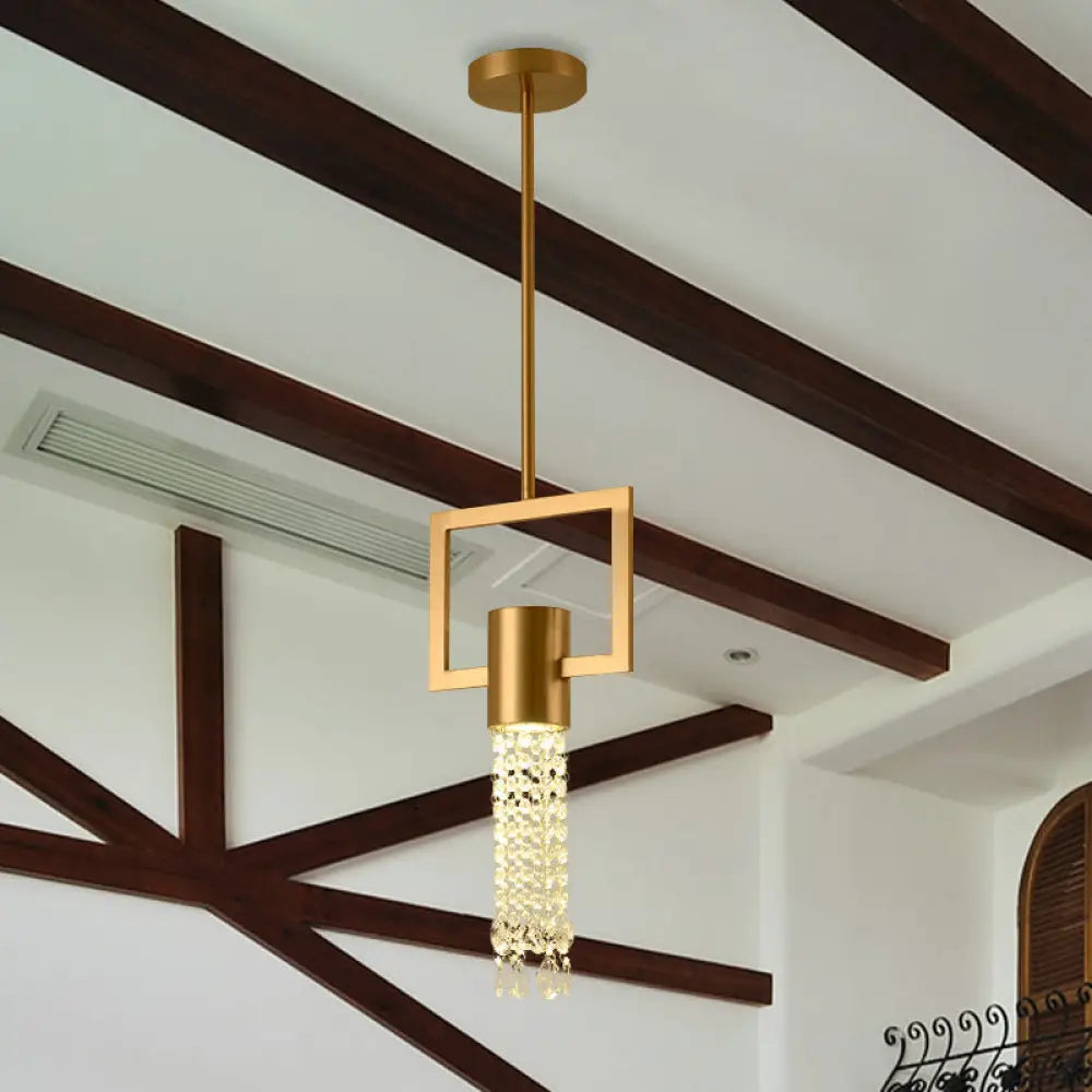 Brass Rectangle Pendant Metal Lamp With Crystal Fringe - 1-Light Bedside Hanging