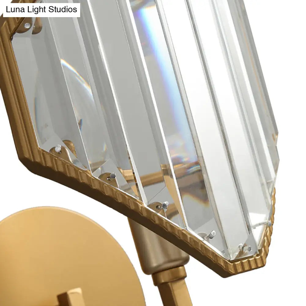 Brass Rhombus Wall Sconce With Clear Crystal Prism - Contemporary 1-Light Metal Lamp