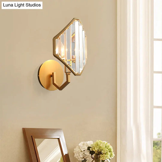 Brass Rhombus Wall Sconce With Clear Crystal Prism - Contemporary 1-Light Metal Lamp