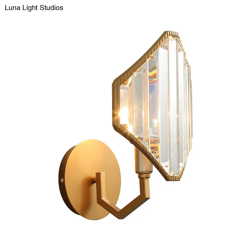 Brass Rhombus Wall Sconce With Clear Crystal Prism - Contemporary 1-Light Metal Lamp