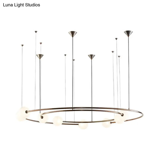 Postmodern Brass Ringed Hanging Light Fixture: 8-Bulb Cream Orb Glass Chandelier For Kitchen Bar