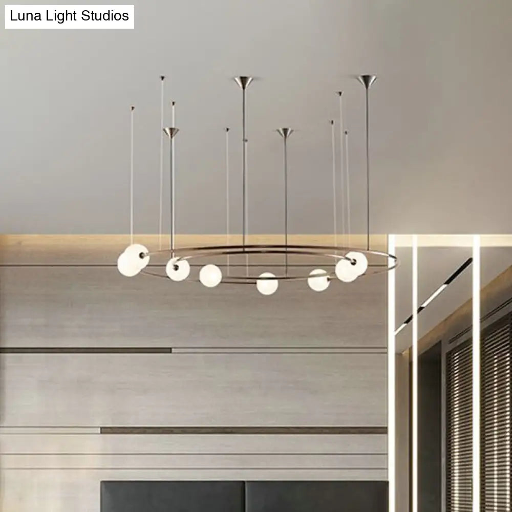 Postmodern Brass Ringed Hanging Light Fixture: 8-Bulb Cream Orb Glass Chandelier For Kitchen Bar