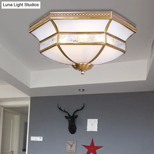 Brass Scalloped Ceiling Mounted Light With White Glass Shades - 3/4 Head Flush Mount Lamp For