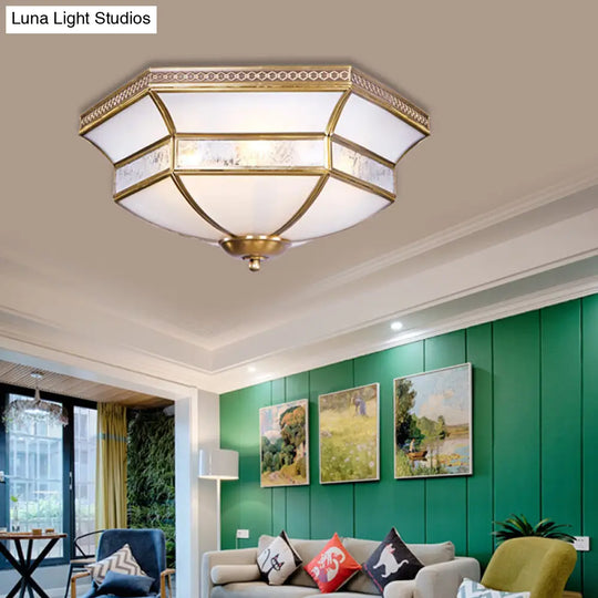 Brass Scalloped Ceiling Mounted Light With White Glass Shades - 3/4 Head Flush Mount Lamp For Living