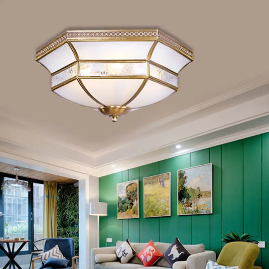 Brass Scalloped Ceiling Mounted Light With White Glass Shades - 3/4 Head Flush Mount Lamp For