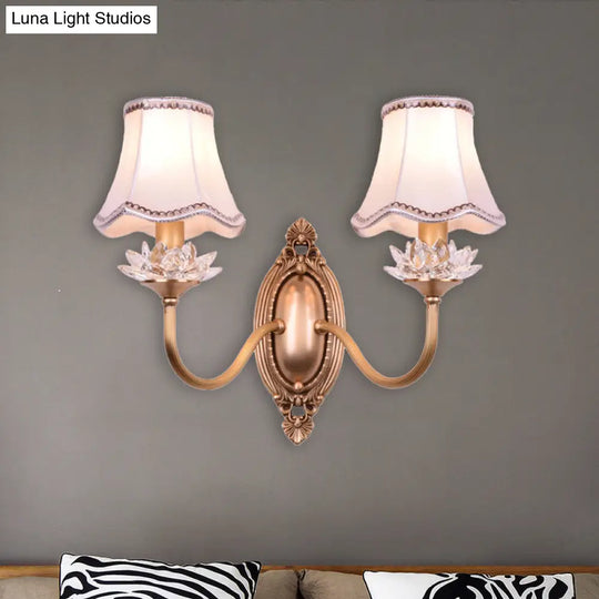 Brass Scalloped Crystal Wall Sconce - Traditional 2-Head Led Lamp For Living Room