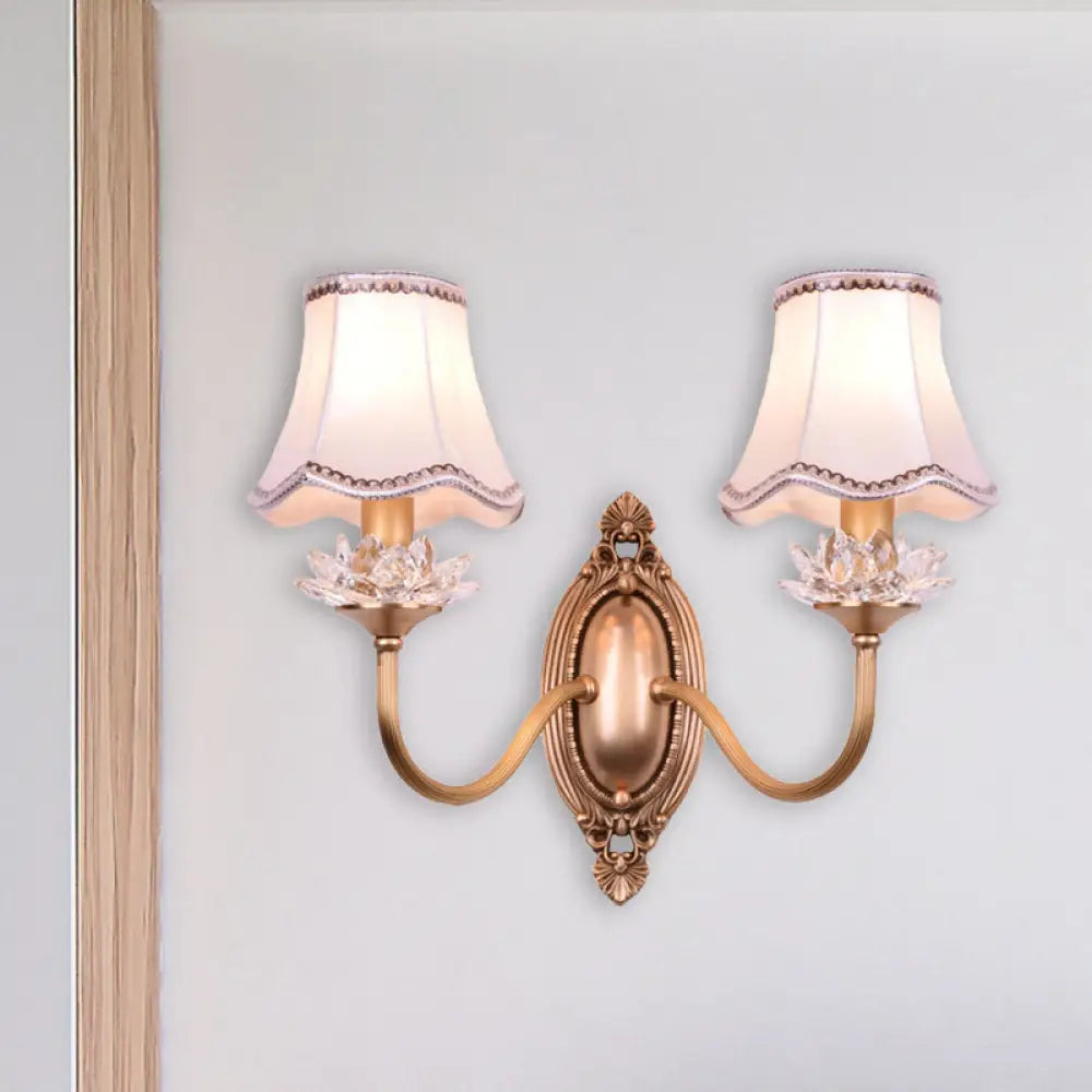 Brass Scalloped Crystal Wall Sconce - Traditional 2-Head Led Lamp For Living Room