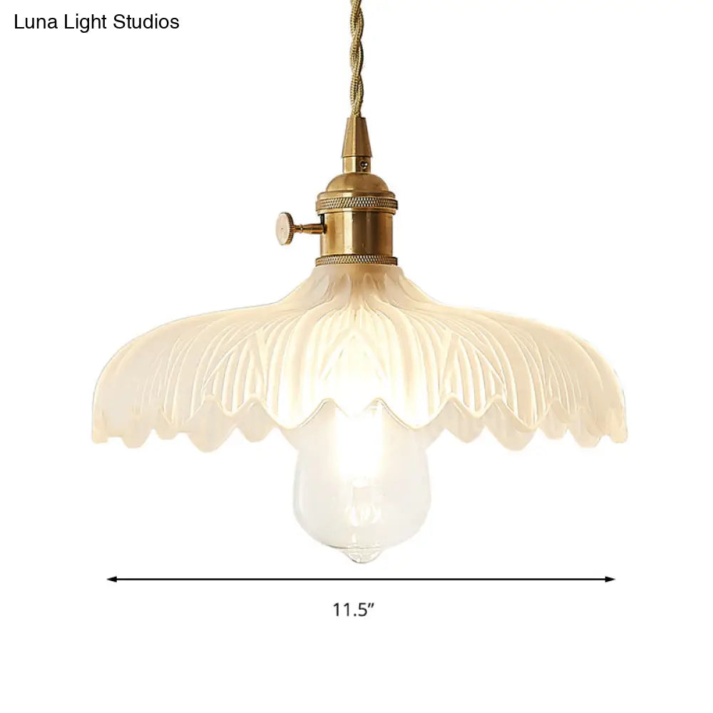 Brass Scalloped Pendant Ceiling Light With Frosted Glass - Farmhouse Style 1-Light Hanging Lamp For