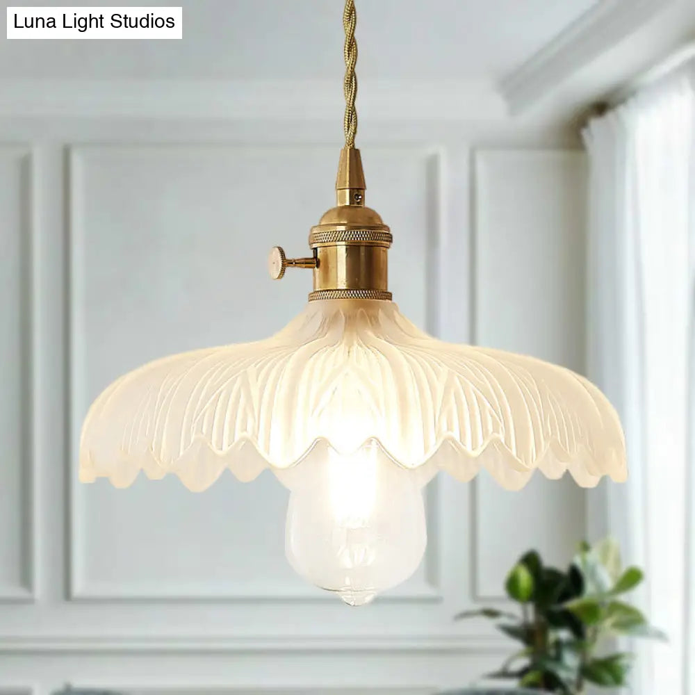 Brass Scalloped Pendant Ceiling Light With Frosted Glass - Farmhouse Style 1-Light Hanging Lamp For