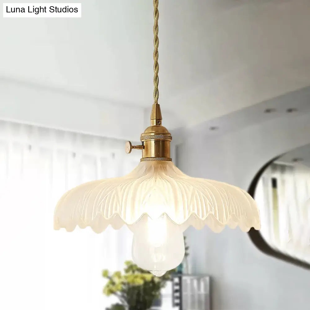 Brass Scalloped Pendant Ceiling Light With Frosted Glass - Farmhouse Style 1-Light Hanging Lamp For